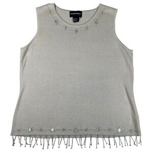 Vintage 90s Tan Beaded Fringe Sleeveless Shell Button Sweater Top L Y2K beach